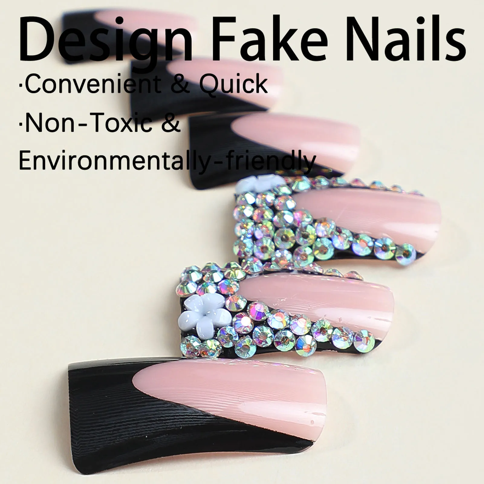 Duckbill Type Black French False Nails Wearable Fake Nails Press On Short With Rhinestone Decor Artificial Nails With Adhesive