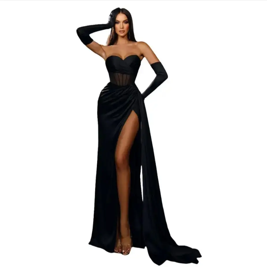 

Elegant Evening Dresses Customized Side Slit Satin Pageant Gowns Transparent Corset Party Prom Vestido De Novia