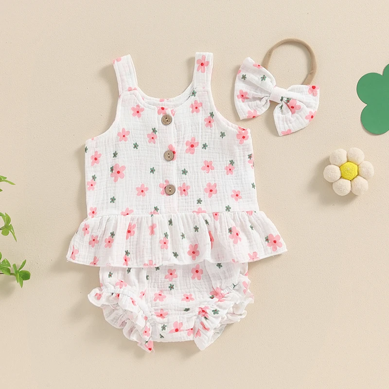 

Infant Baby Girl Summer Clothes Cotton Linen Floral Sleeveless Ruffle Tank Tops Shorts Headband 3Pcs Outfits Set