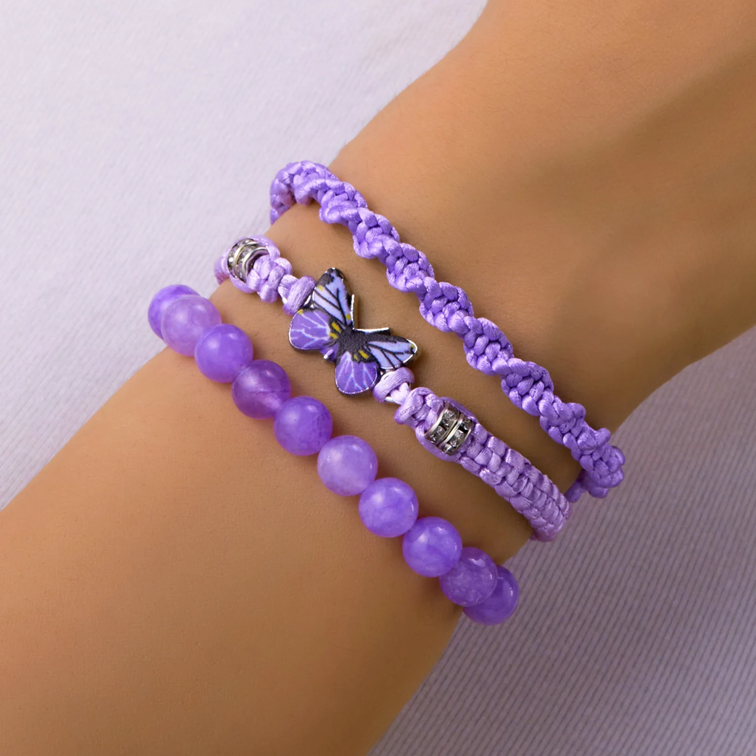 3 Pcs Handmade Braided String Bracelets for Women Purple Butterfly Adjustable Charm Bracelet Sets Fashion Girl Jewelry Gifts