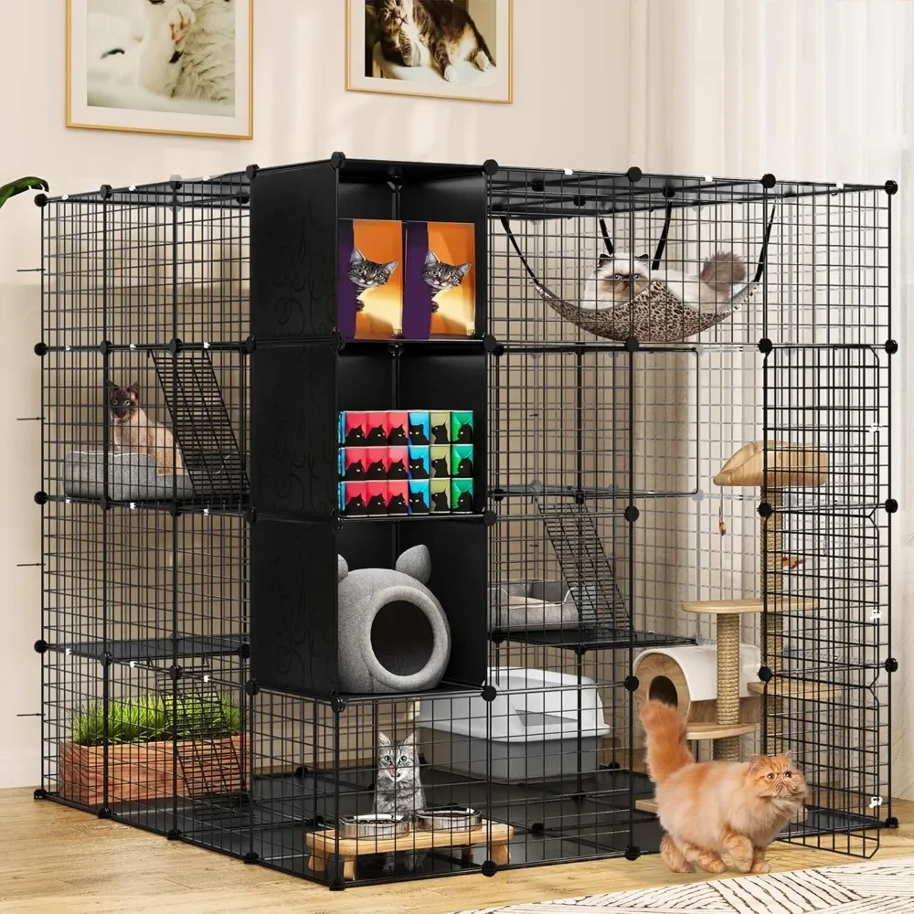 

Large Cat Cage with Storage Cube DIY Indoor Catio Cats Enclosures Metal Cat Playpen with Large Hammock for 1-4 Kittens