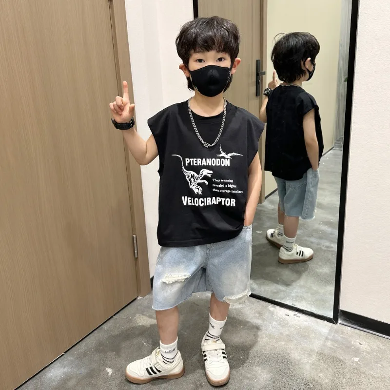 Summer Kids Boys Thin Vest Sleeveless Cartoon Dinosaur T-shirt + Denim Shorts 2pce Suit Outdoor Clothes for Children Short Jeans