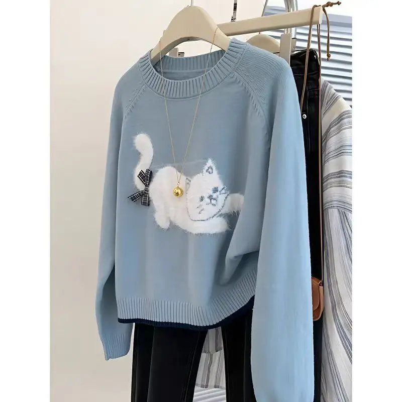 

Винтажные свитера с принтом кота из мультфильма, женские милые вязаные джемперы с бантом и длинными рукавами, повседневные свободные пуловеры с круглым вырезом Kawaii
