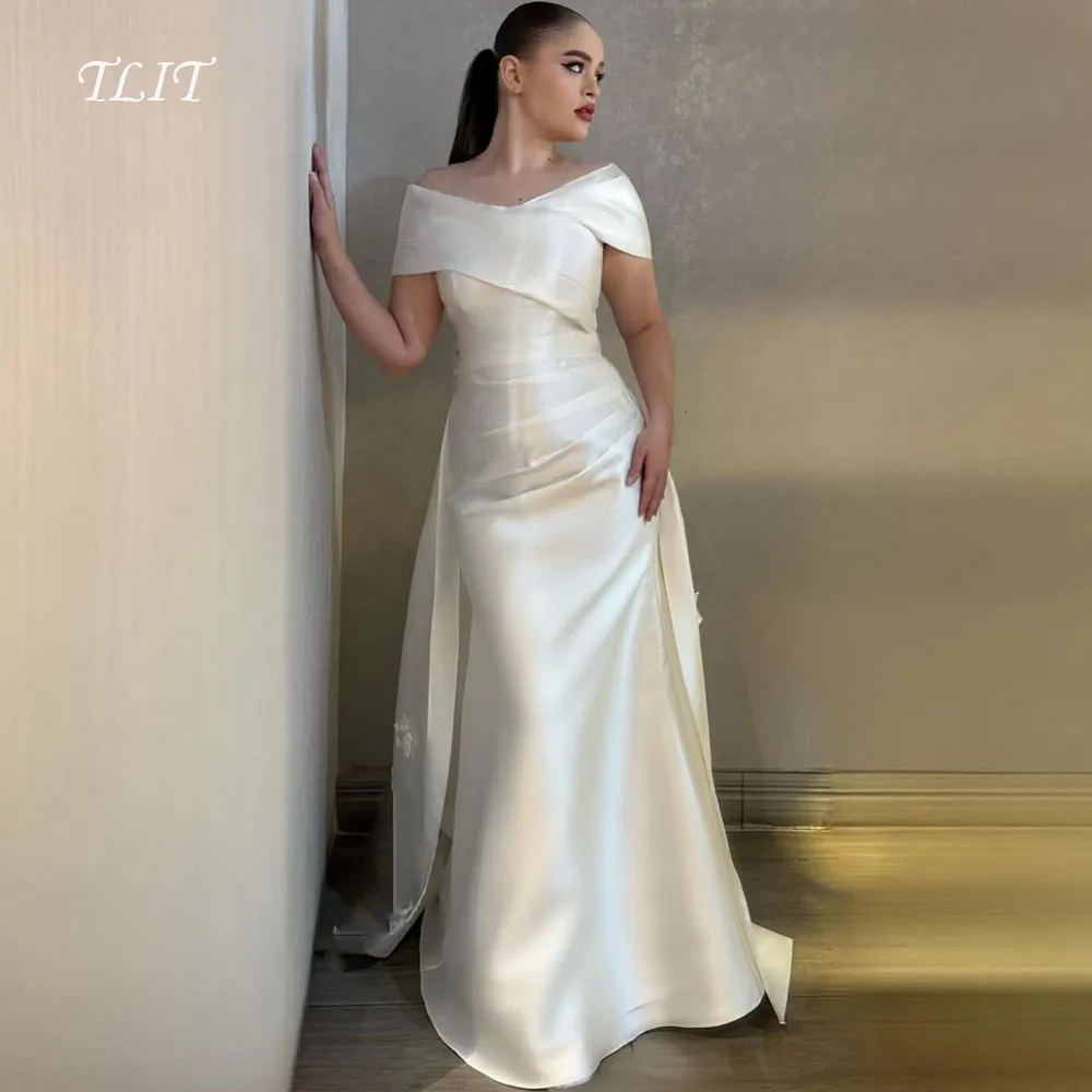 TLIT elegante blanco seda satén sirena vestidos de noche personalizado fuera del hombro Vestido flores barrido tren vestidos de graduación