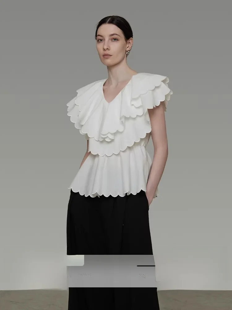 

Slimming Effect Double Layered Women's Short Sleeve Shirt with Lace Collar by Unsoken Breathable Cotton Commute Style Summer ...