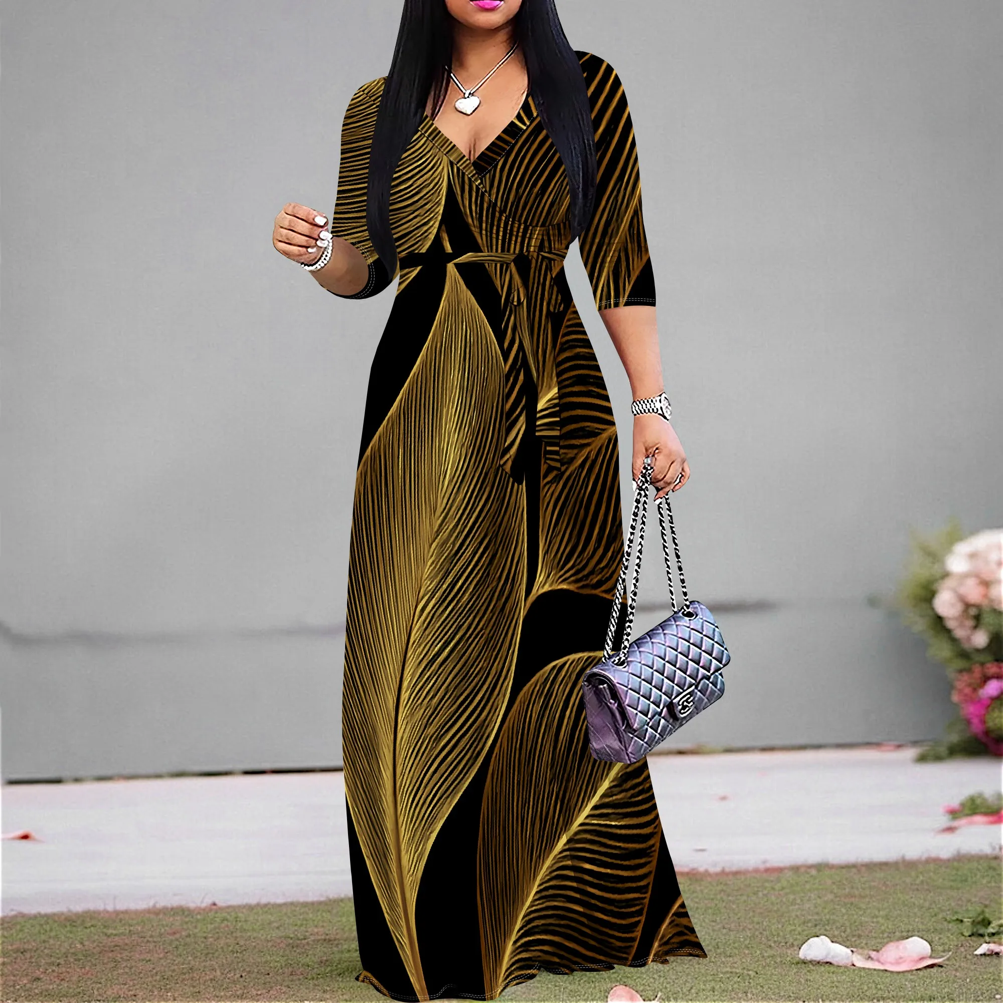 

Elegant Golden Leaf Print Maxi Dress, V-Neck, Belted, S-3XL | Perfect for Fall Fashion, Thanksgiving & Holiday Parties