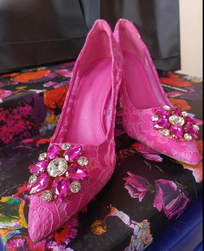 

60Mm Heeled Lace Rainbow Brooch-Detail Gem Flower Pumps Slip On Thin High Heels Party Women Shoes