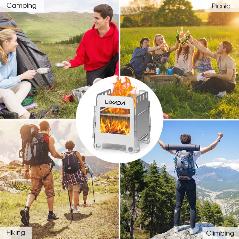 Tragbarer Edelstahl leichter klappbarer Holzofen Taschen ofen Camping im Freien Kochen Picknick Rucksack ofen