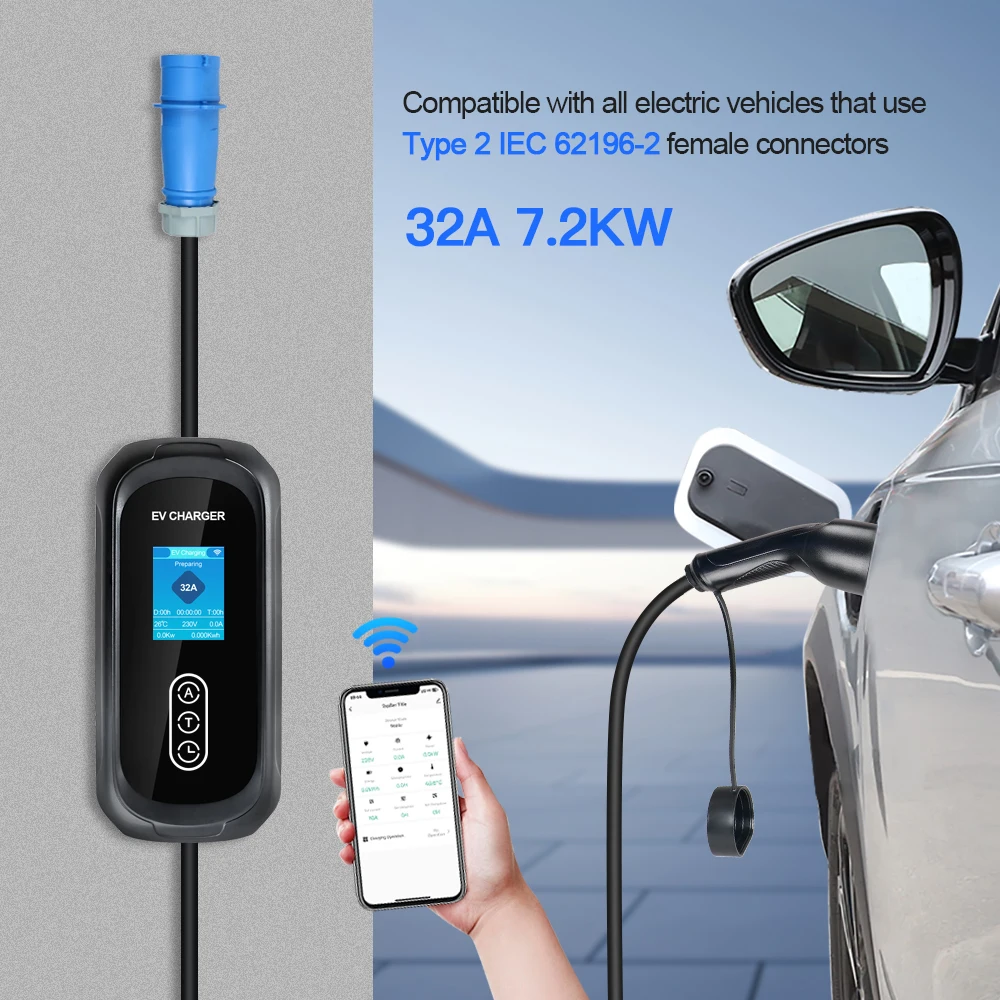 Kolanky 32A 7.2KW Electric Vehicle EV Charger Type 2 Tuya APP Wifi Timer IEC62169 Set Charging Time PHEV Hybrid Car 5M