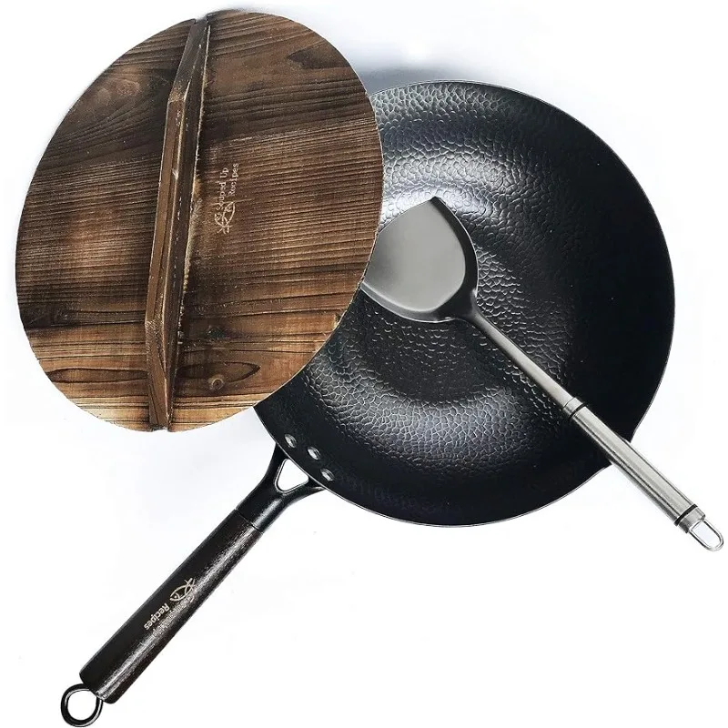 Carbon Steel Wok For Electric, Induction and Gas Stoves (Lid, Spatula and User Guide Video Included)