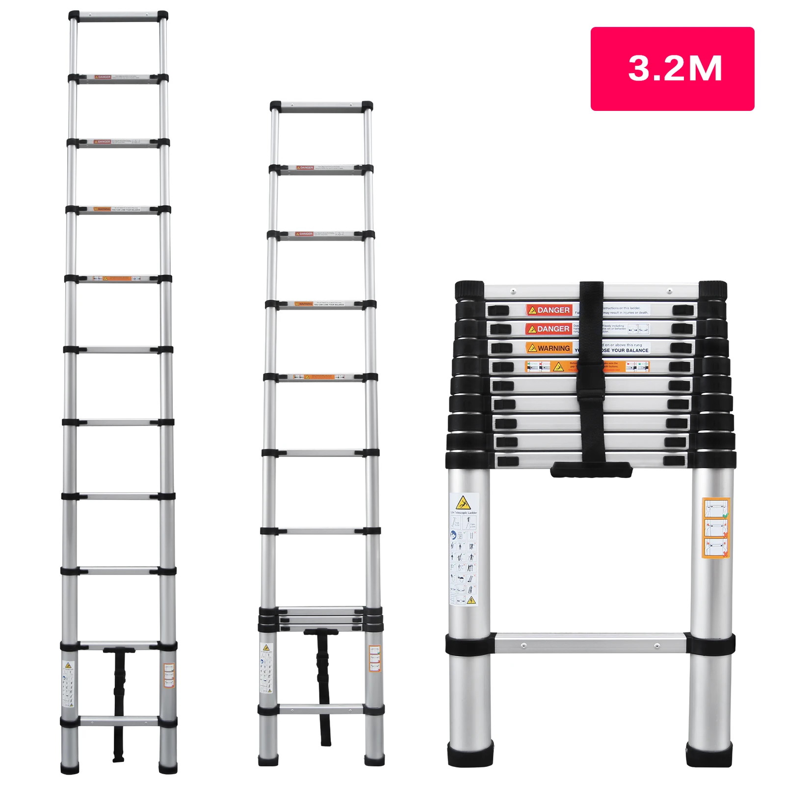 Aluminiumleiter Teleskopleiter Hochleistung 2,6M/3,2M/3,8M/4,4M/5M, A-Form 1,9M/2,5M, 6,2M mit Haken – Detail 2