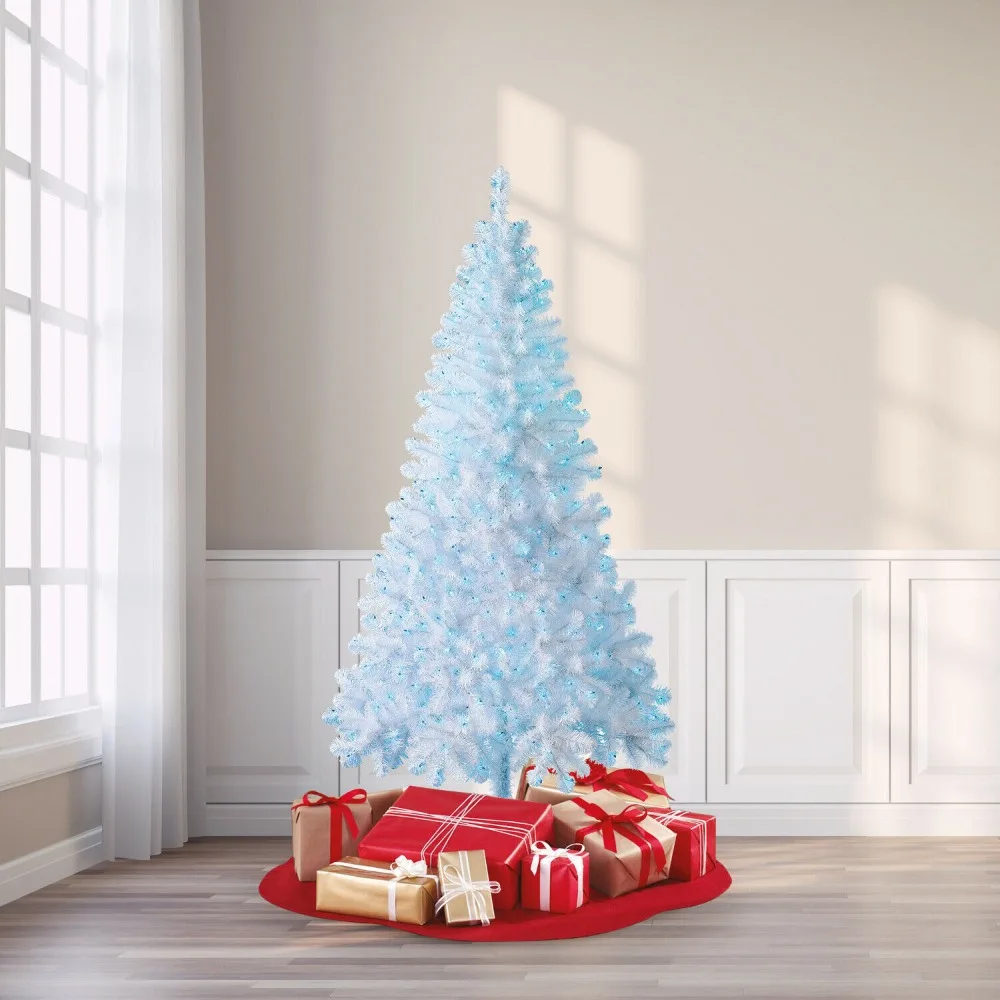 Árbol de Navidad blanco tupido de 4 pies/5 pies/6 pies/7 pies con luces LED azules Decoración de pino EE. UU.