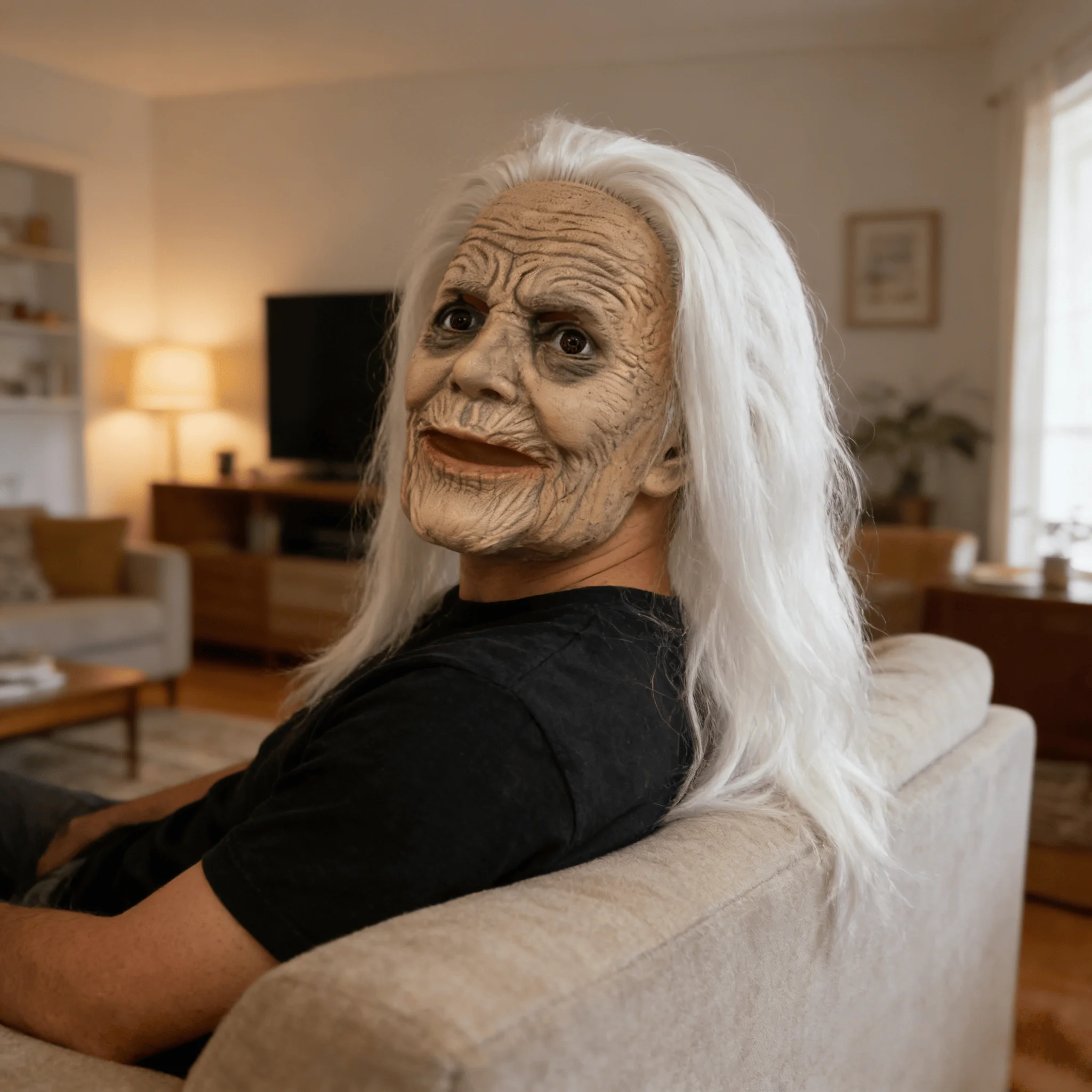 Realistische Freundliche Seniorenmasken-Gesichtsmaske mit Langen Weißen Haaren – Premium Latex Vollkopfmaske mit Lebensechten Falten für Halloween