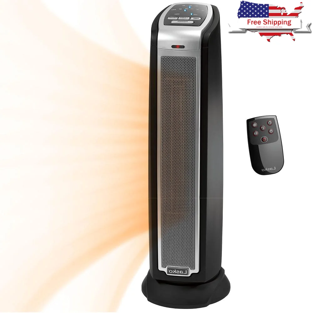 سخان مساحة برج سيراميك محمول بقدرة 1500 وات مع ترموستات قابل للتعديل ومؤقت عن بعد تتذبذب ميزات السلامة مقبض أسود