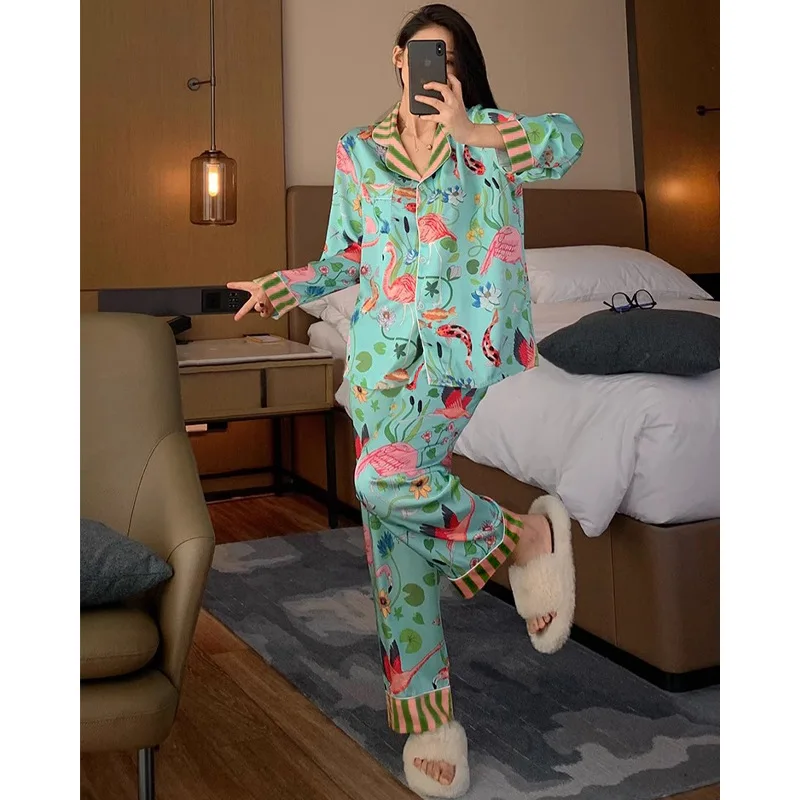 

New Ins Style Design Ice Silk Flamingo Pajamas Women's Spring Summer Long Sleeves Pants Home Suit Plant Flowers Sleepwear Female