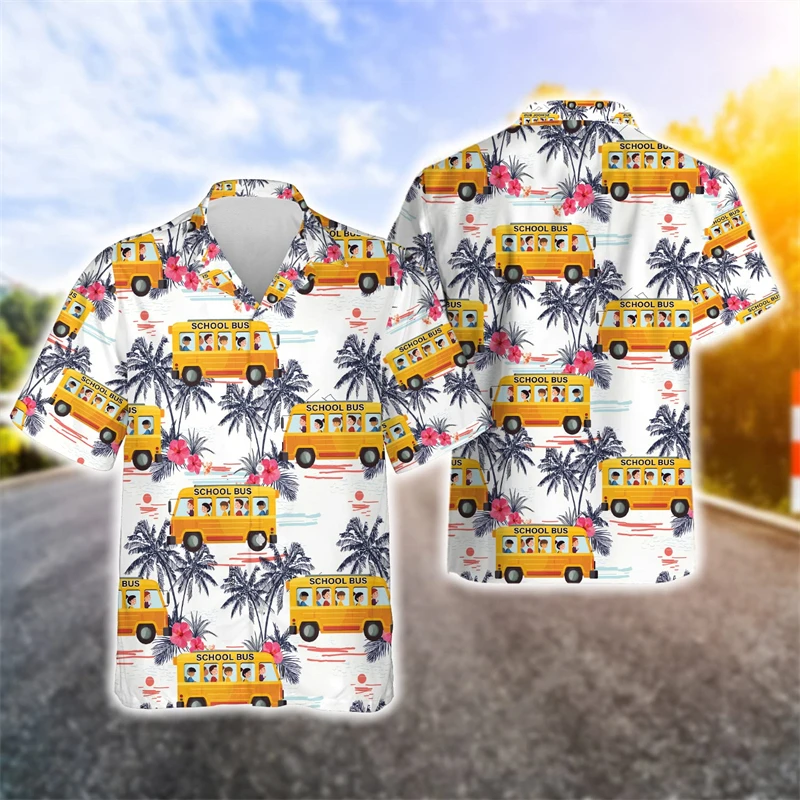 Homens 3D Ônibus Escolar Impresso Camisas, Carro Motorista Gráfico Camisa de Praia, Blusa Aloha Lapel, Tops Havaianos, Roupas Dos Desenhos Animados, Presente Engraçado