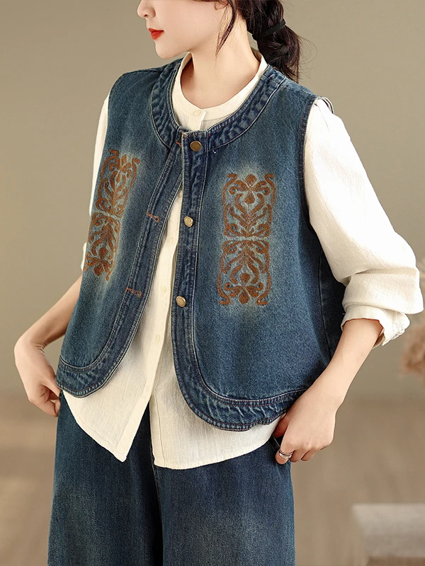 Primavera 2026 étnico sle bordado esticado denim colete tamanho grande feminino botão de sincera redondo ne aberto cardigan
