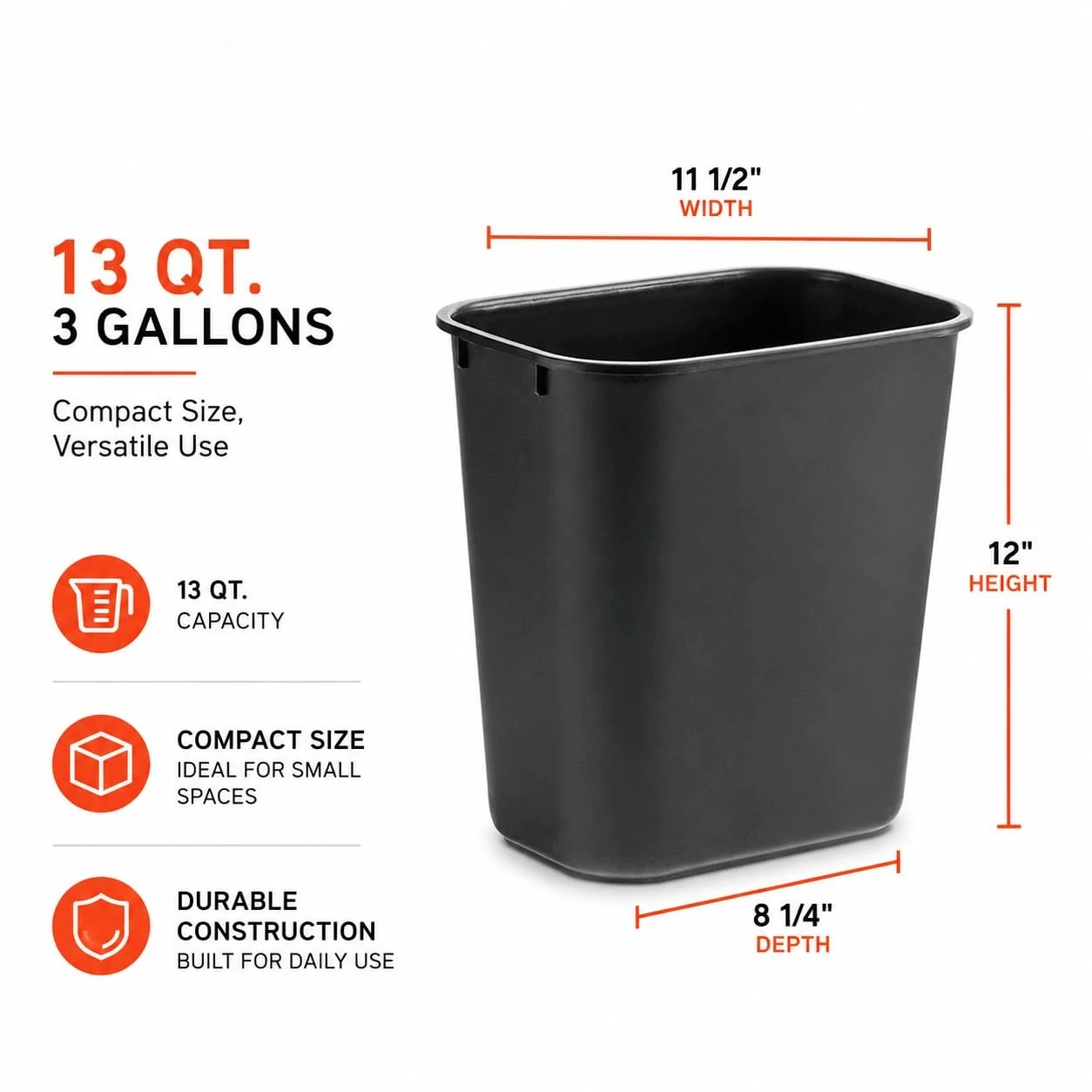 5-Pack 3.5-Gallon Under-Desk Wastebasket for Small Spaces – Recycled Plastic, Space-Saving, Non-Slip Bottom, Office & Home Use