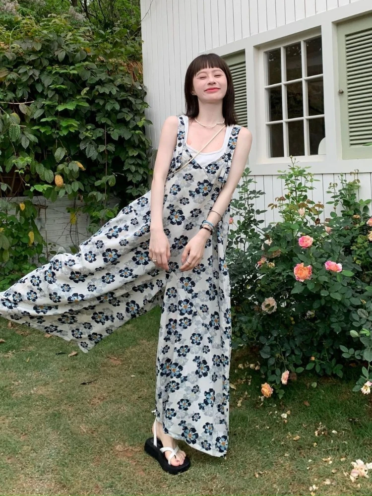 

Vintage Floral Print Spaghetti Strap Jumpsuit Women Summer Lazy Style Wide Leg Suspender Loose Casual Romper