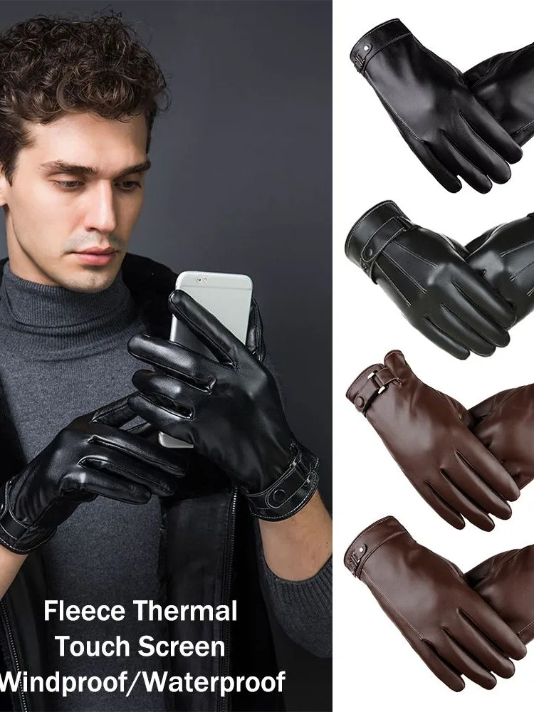 AliExpress Men's Fleece Thermal Leather Gloves Winter Warm Touch Screen Windproof Waterproof Driving Gloves Full Finger Black Gloves