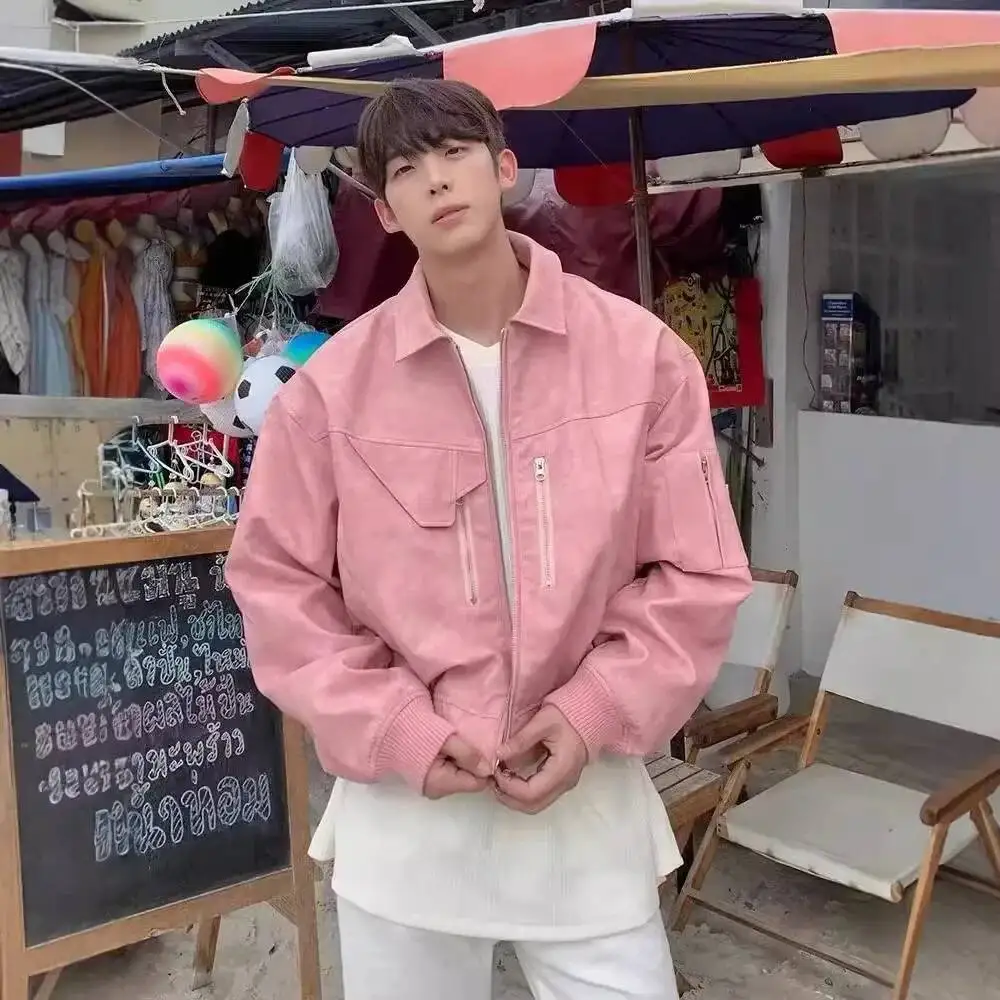 

Retro American Vintage Jacket Men's Spring Autumn Zipper Decorated PU Leather Coat Casual Loose Fit Regular Length Top