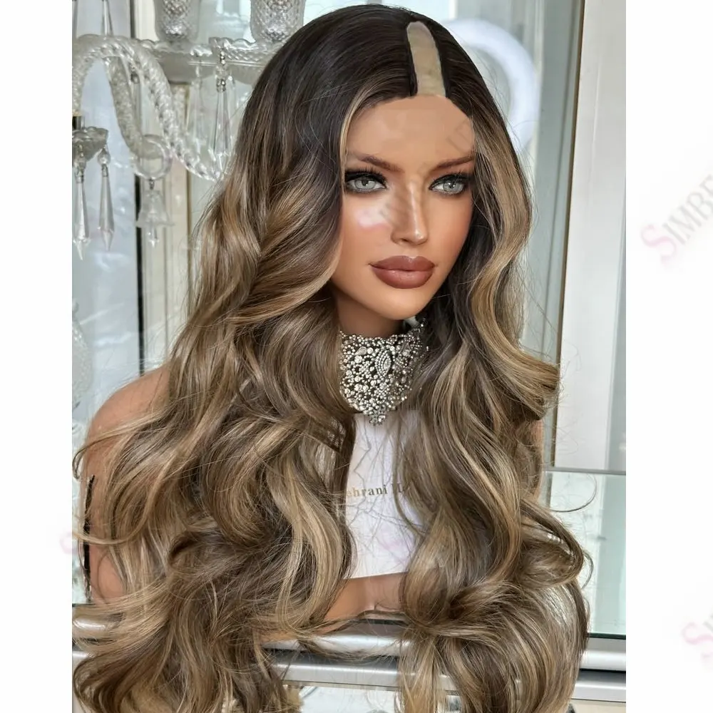 Braune Highlights, Aschblond, 1X4 Größe, U-Part-Perücken aus Echthaar, natürliche Wellenstruktur, klebefreie V-Part-Perücke aus Echthaar, einfach zu tragen für Frauen – Detail 2