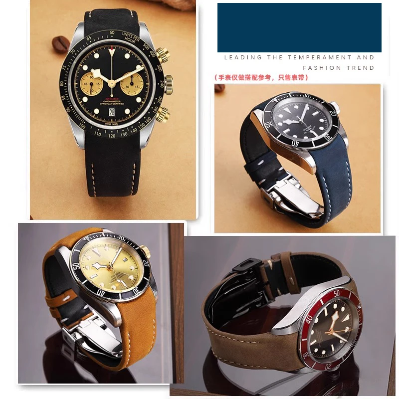 20 مللي متر 22 مللي متر منحني نهاية Lea/ther ريترو حزام ل تيودور بيوان توقيت الذهب الصلب M79363 M79360 قوس جلد البقر سوار أسود براون