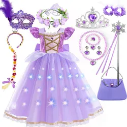 Disney Roszpunka Fioletowa spódnica Tutu z krótkim rękawem Koronkowa biała sukienka Led Kreskówka Kostium do odgrywania ról Dzieci Halloween Party Suknia balowa