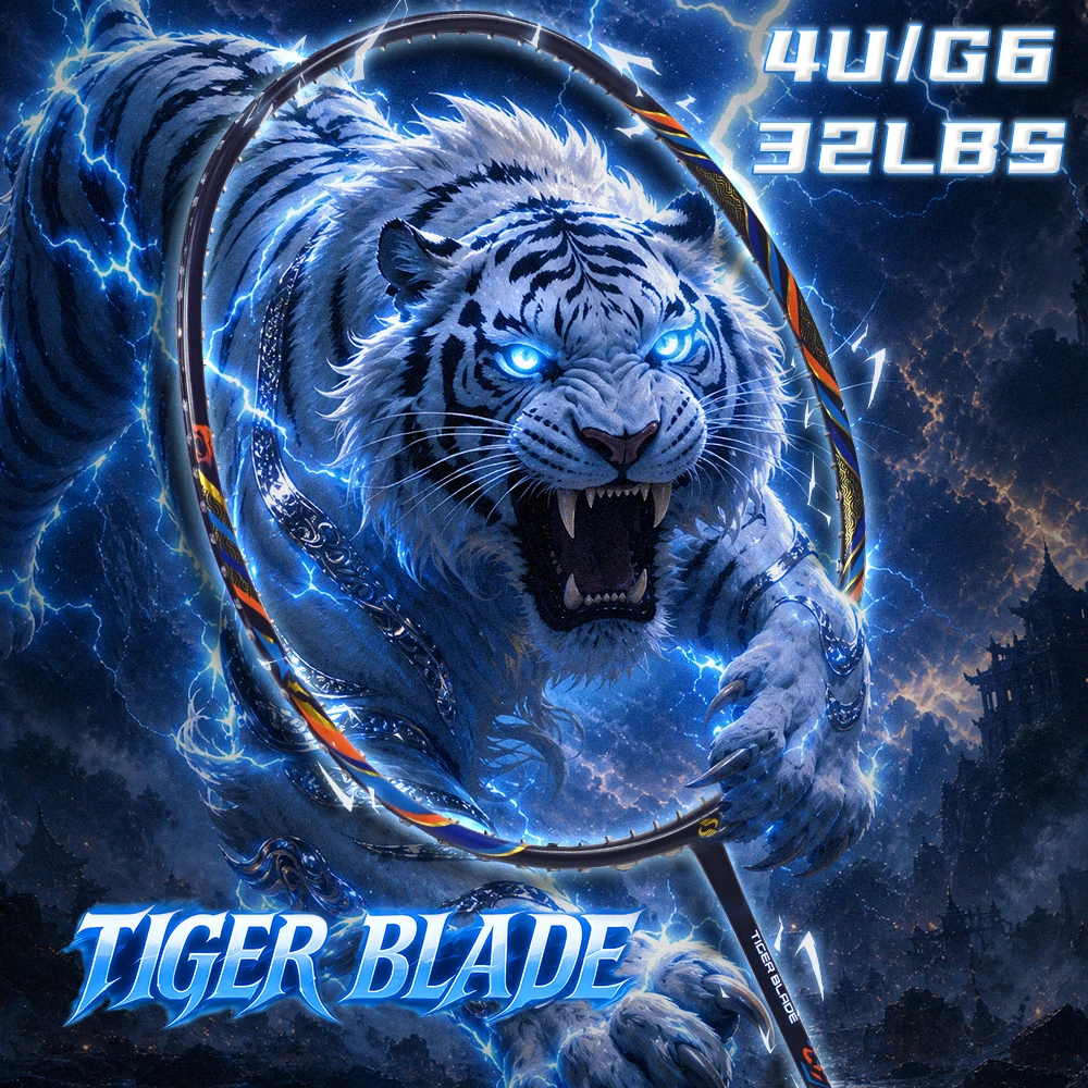 Raquette de badminton Tiger Blade T800 en fibre de carbone 4U G6 26lbs pré-encordée, max 32lbs, frappe rapide, puissance d'attaque, overgrip Pro gratuit