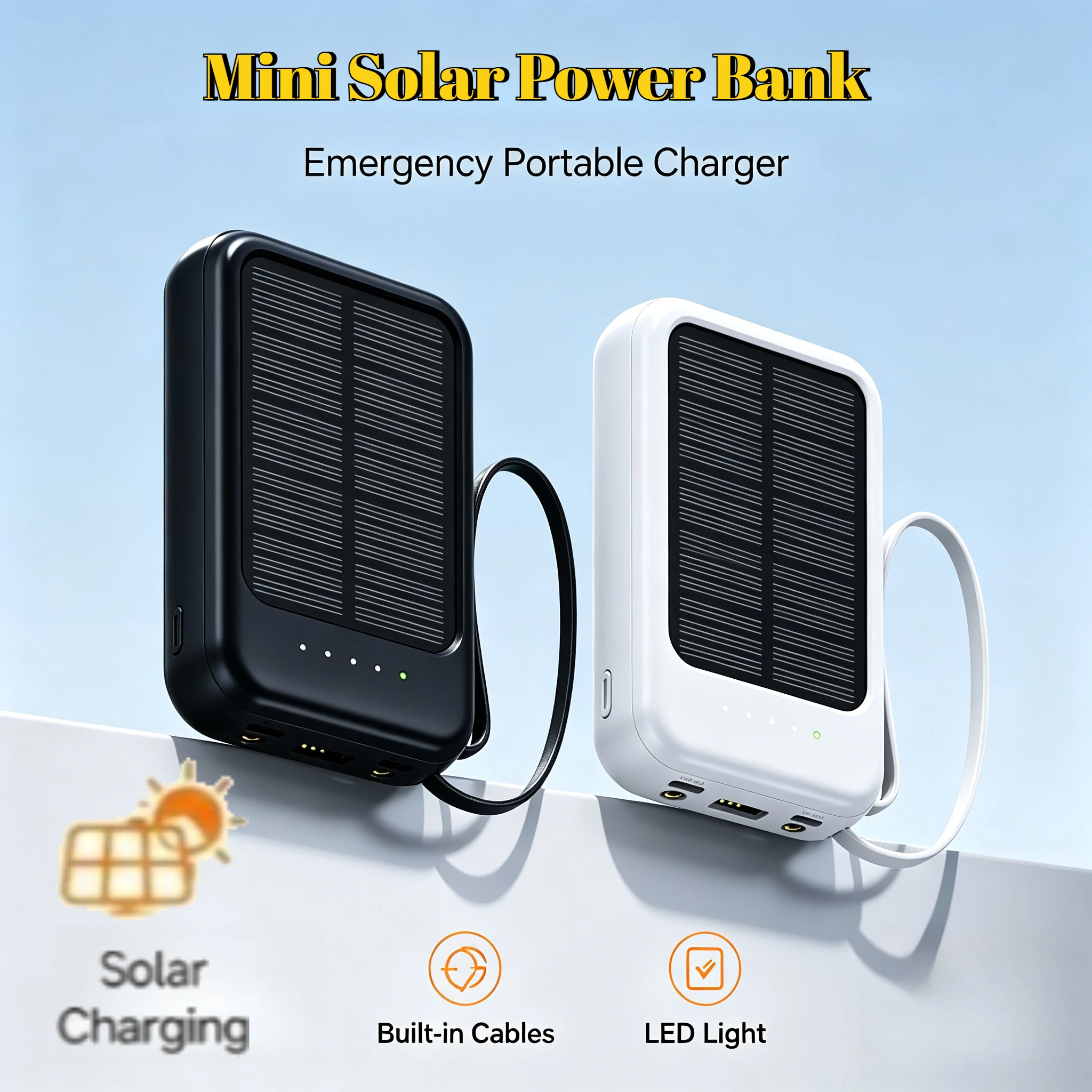 Solar Power Bank Built-in Cables with LED Light Portable External Battery for Iphone Samsung Outdoor Camping Emergency Powerbank