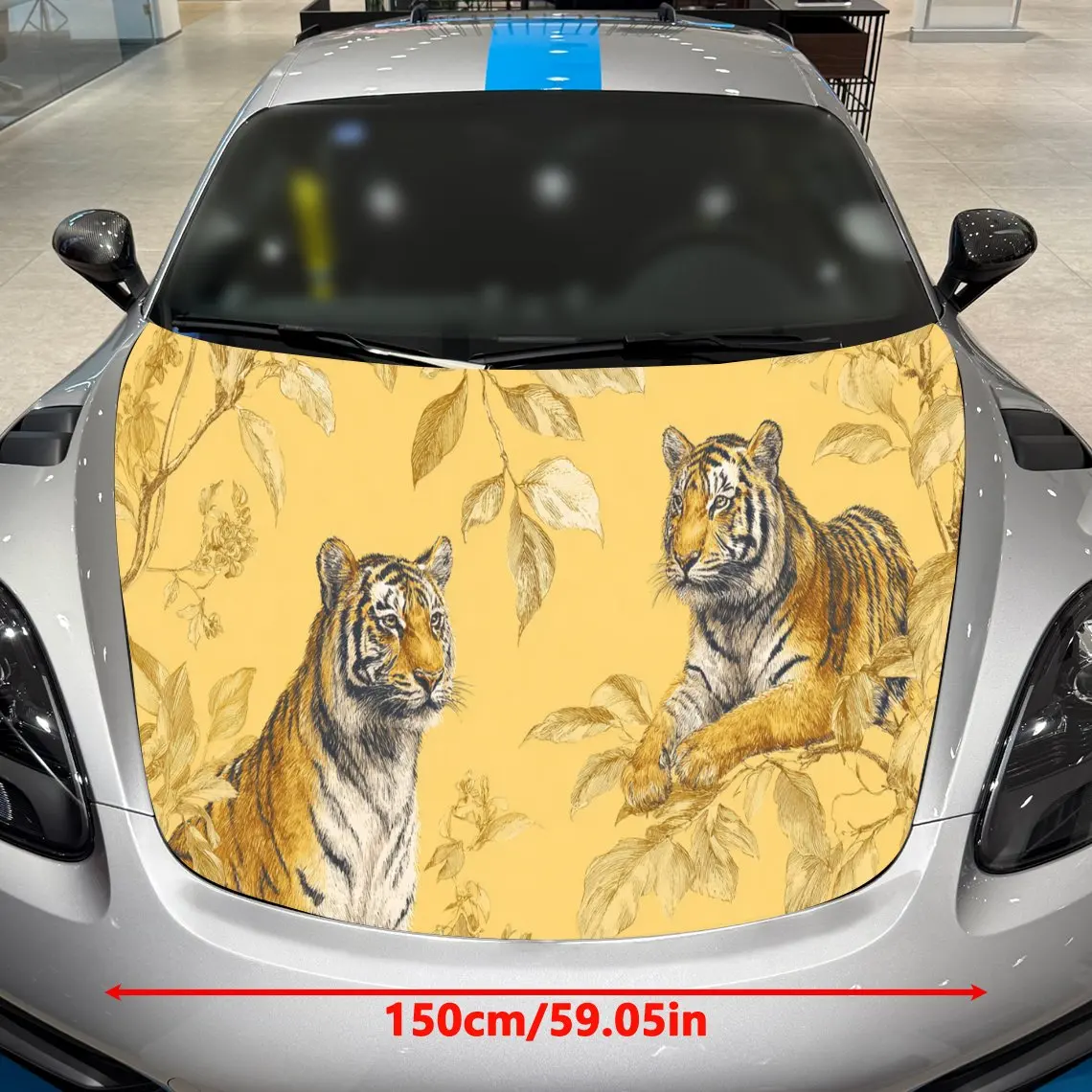 Car Decals A Tiger Pair Design with Floral Foliage Elements in a Bright, Yellow-Hued Textured Background with Artistic Car Hood