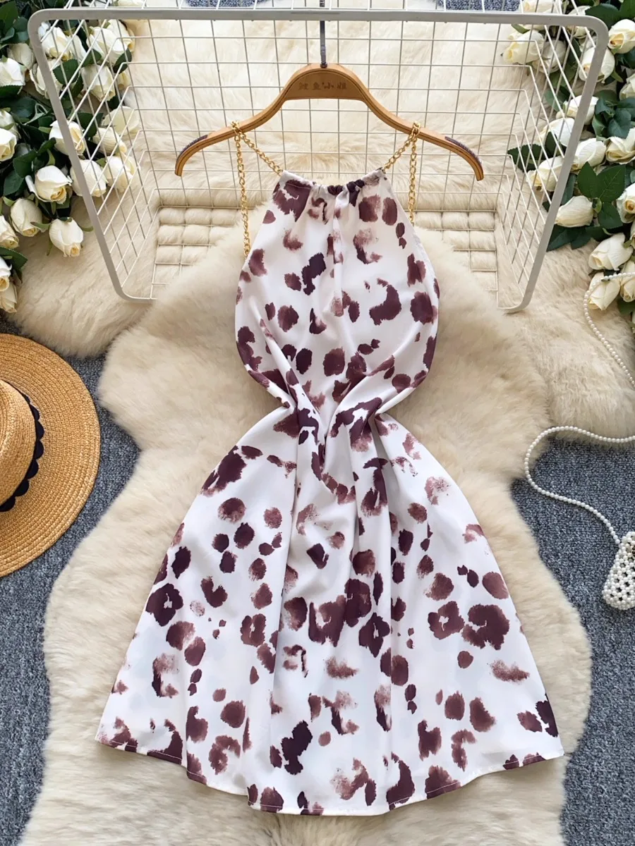 Foamlina deusa estilo chique corrente pesada halter a linha vestido feminino verão cintura cinched fino ajuste elegante impressão mini vestido saia