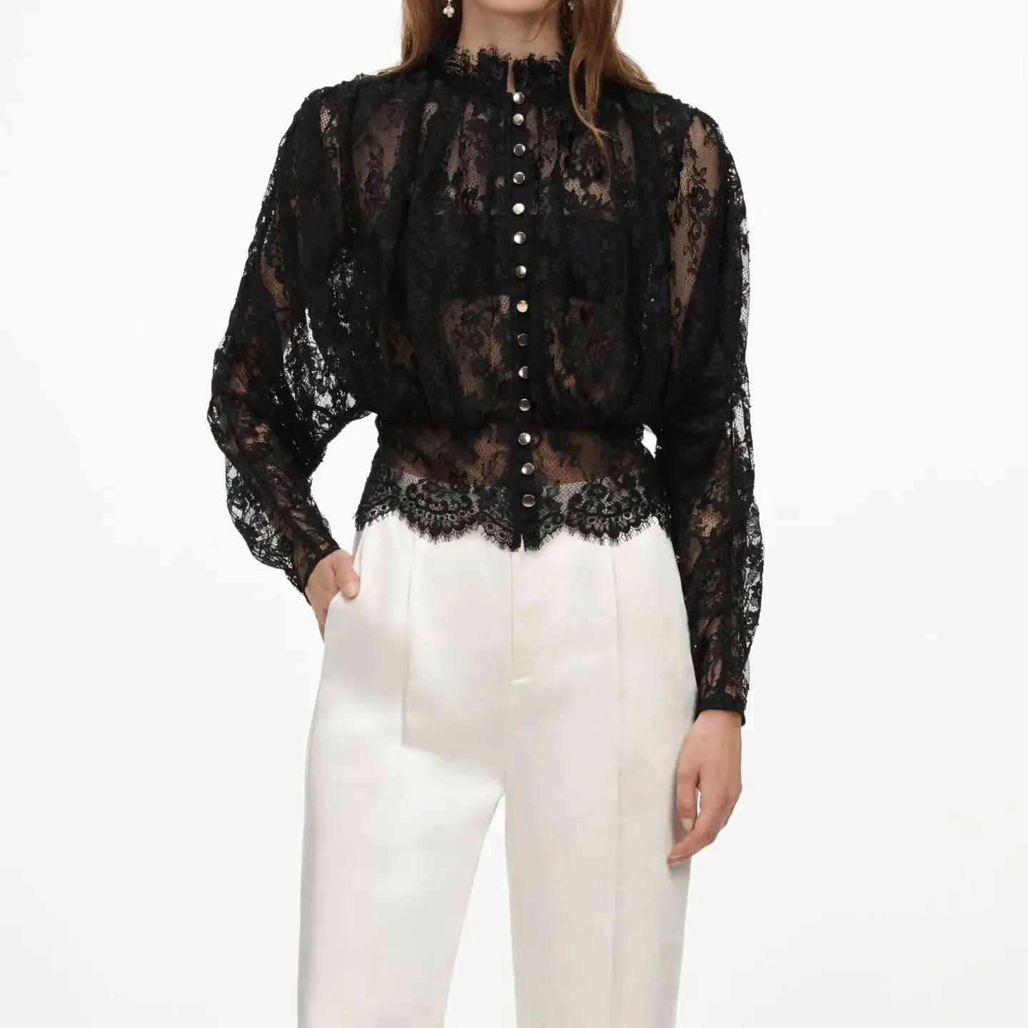 Women Elegant Black Floral Lace Blouse Ruffle High Neck Long Puff Sleeve Top Scalloped Hem Party Shirt tops