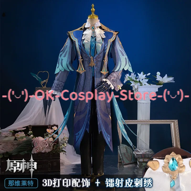 Neuvillette Cosplay Costume Genshin Impact Wig Uniform Headwear Cloak Gloves Chief Justice Fontaine Halloween Party Uniform