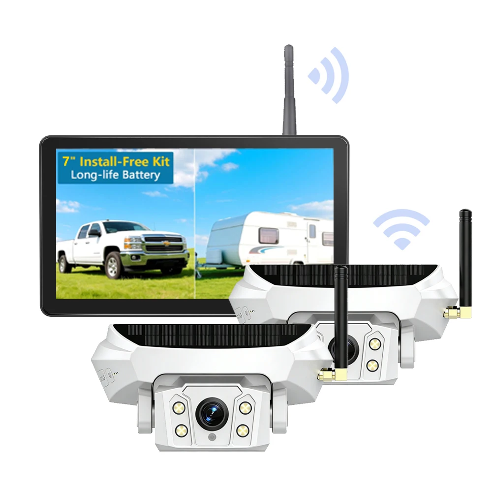 7inch 2Split Screen Display Solar Powered Dual Wireless Backup Camera System Standby 625days Magnetic Base Install Free