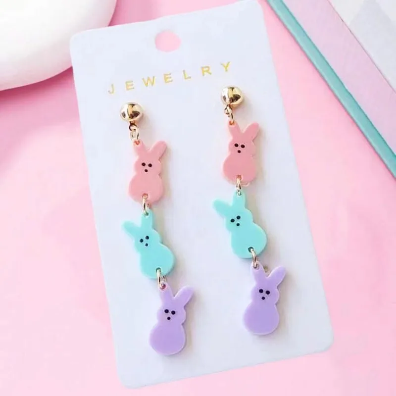 3 Pair/card Multicolor Acrylic Rabbit Cute Stud Earrings Fashion Easter Festival Jewelry Women for Party or Daily