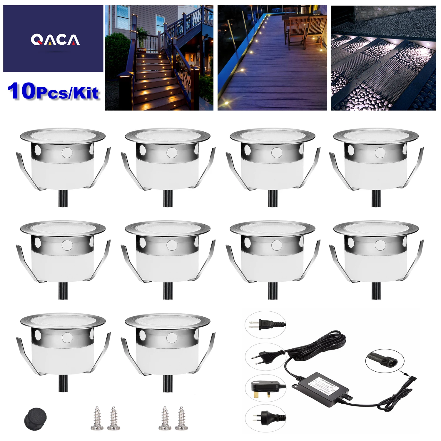 QACA 10-Pack LED Recessed Spot Lights With Transformer Waterproof Outdoor Yard Garden Stairs Lamps DC12V 0.6W Energy Saving