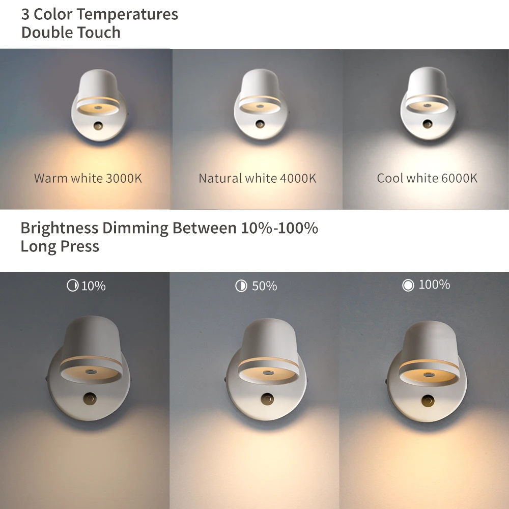 Imagem -02 - Dimmable Led Wall Light com Toque Interruptor Lâmpada Interior 340 ° Rotatable Ajustável Arandela de Parede Interna para Cabeceira