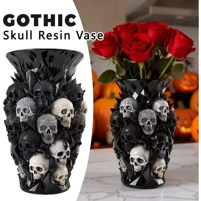 Gothic Resin Skull Vase Ornament, Skeleton Head Flower Vase Holder for Fresh & Dried Flowers, Dark Horror Style Halloween Table