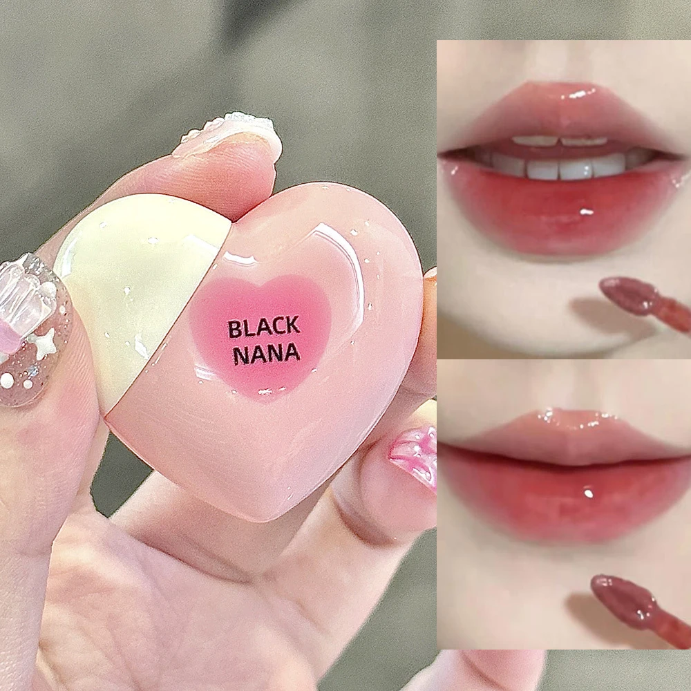 Cute Heart-shaped Mirror Pink Lip Gloss Tinted Moisturizing Lip Oil Strawberry Red Water Glass Nude Lipstick No Sticky Cosmetics