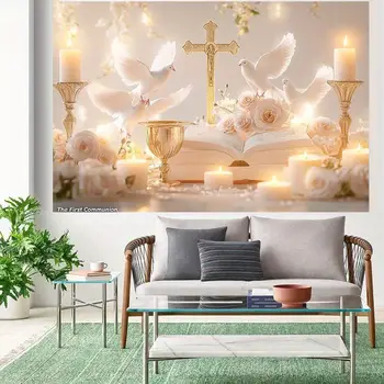 優雅的初領聖體儀式,配上白鴿、玫瑰、十字架、金聖杯和閃亮蠟燭-神父 8 最佳銷售 初領聖體 - №6