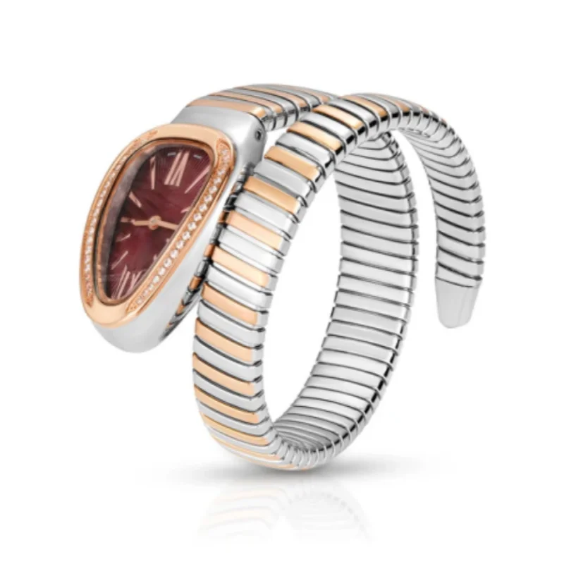 Cameo Luxury Snake Coil Bangle Watch Women Two Tone Stainless steel Silver Rose Gold Red Dial CZ Inlaid Ladies Dress Wristwatch