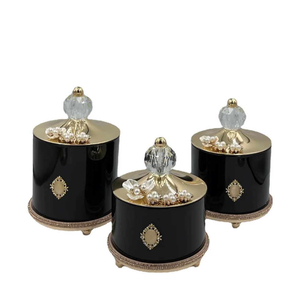 Embossed Floral Crystal Metal Storage Jar Cotton Swab Box Candle Bottle Handicraft Decoration Luxury Gold Jar Nut Candy Storage