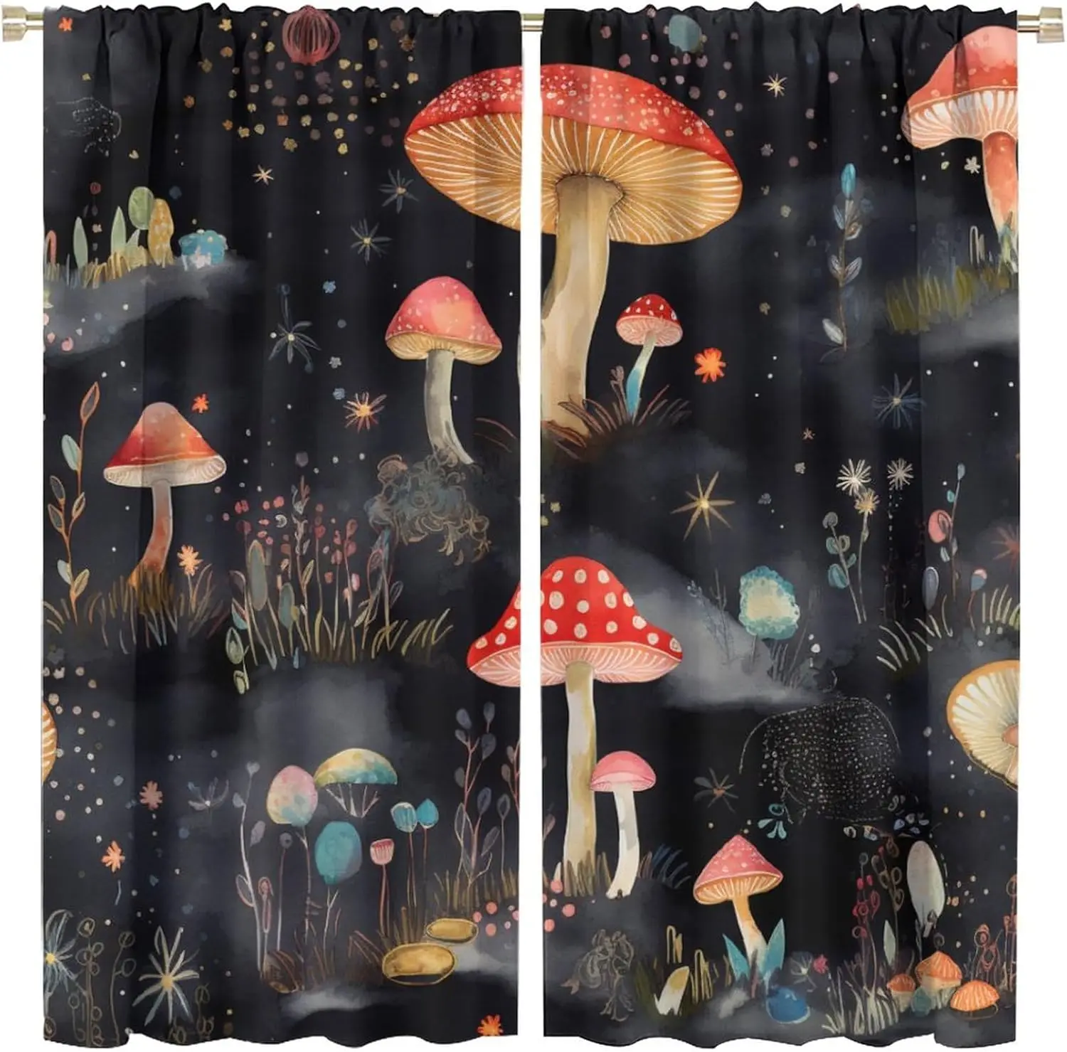 Starry Night Mushroom Curtain 2 Panels, Red Spotted Toadstool Glowing Star Misty Black Print, Drapes for Bedroom Cottage Curtain