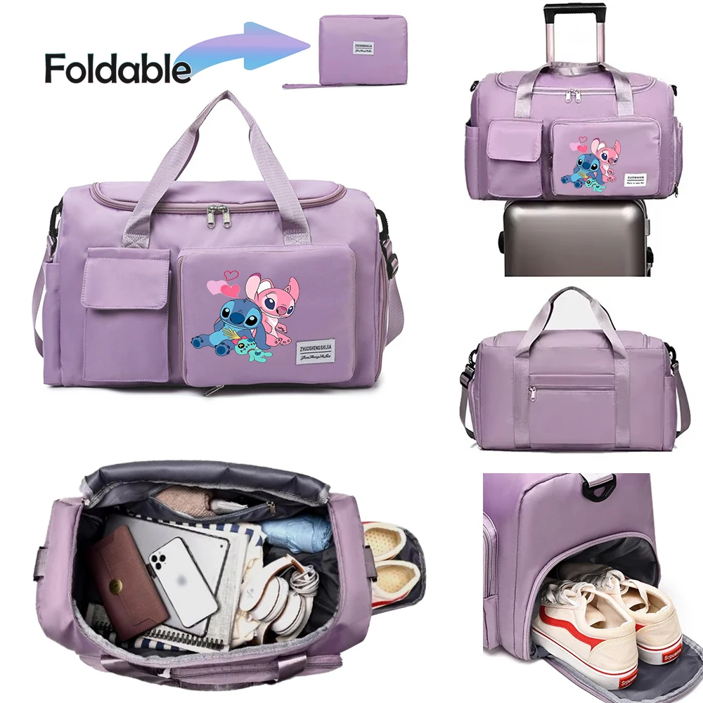 Disney Stitch Cartoon Tote Travel Bag Large Capacity Clothes Storage Bags Gym Duffle Pack with Shoe Compartment Portable HandBag