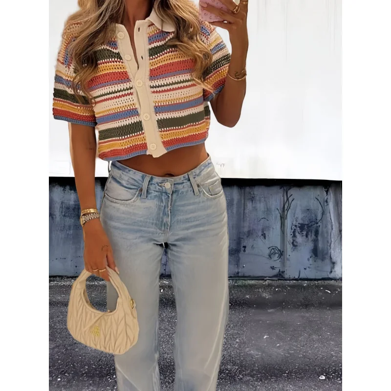 Vigorous cute knitting suit female2025winter new color stripespolosweater casual knitted shorts