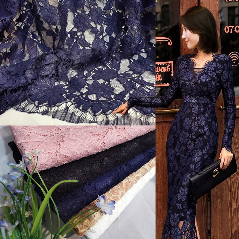 Bright Silk Dark Flower Lace Fabric Fashion for Diy Sewing Design Material Dress Top Vest Curtain Wedding Decoration Cloth Soft