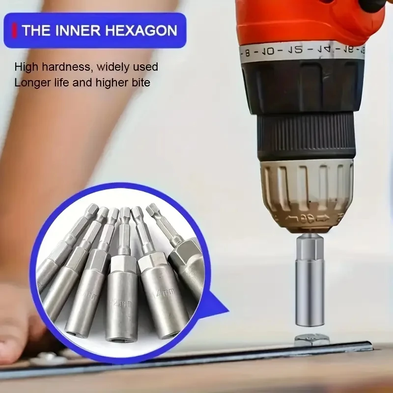 6pcs 80mm Long Deepening Hexagonal Socket Wrench Drill Socket Head 6/8/10/12/14/17mm Screwdriver Drill Bit Set Household Tools