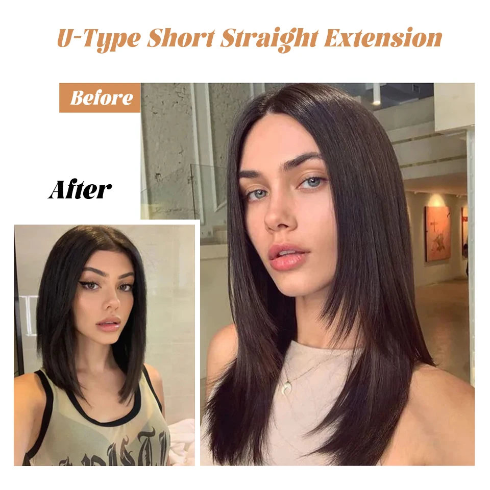 OLACARE Synthetic Long Straight U-Shaped Half Head Wig for Women Black Brown Clips in Hair Extension Natural Fake Hairpieces