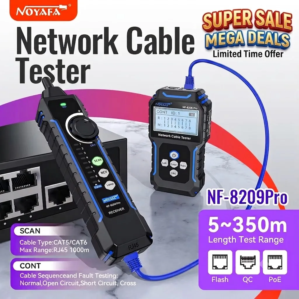 NOYAFA NF-8209Pro Network Cable Tester Cable Tracker Cat5 Cat6 PoE Tester Detect Length Continuity Test with NCV & Lamp